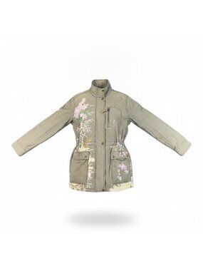 Anthropologie Womens Olive Green Jacket Floral Embroidered Field Style Sz S